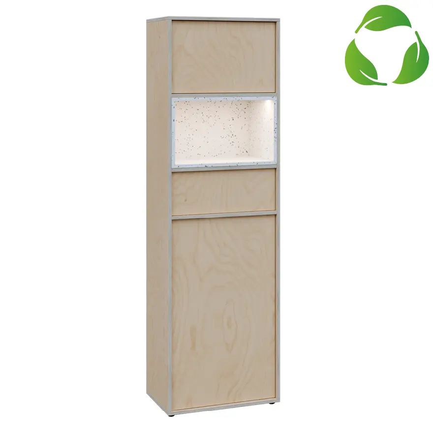 EFE V641 P kancelářská skříň, 1-dveřová/zásuvka/nika/výklop, 2000x600x400, pravá, překližka bříza/upcyklovaný plast